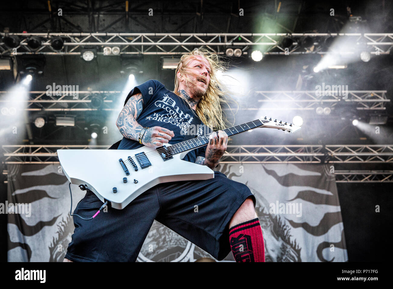 Sweden, Solvesborg - June 6, 2018. The Swedish metal band Cyhra performs a  live concert during the Swedish music festival Sweden Rock Festival 2018.  Here guitarist Jesper Strömblad is seen live on