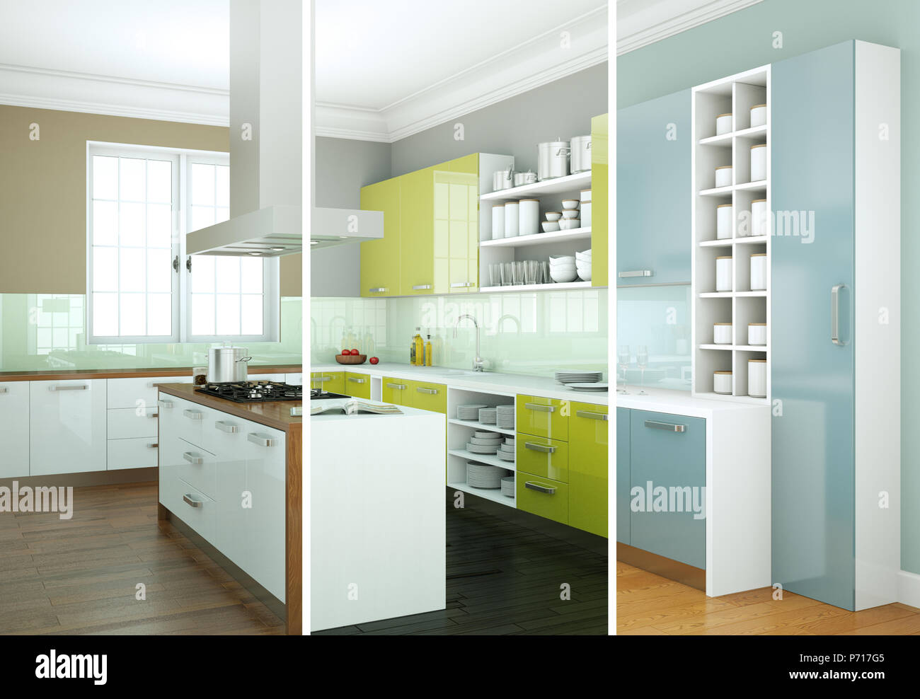 Splitted color variations of a modern kitchen with a beautiful design ...