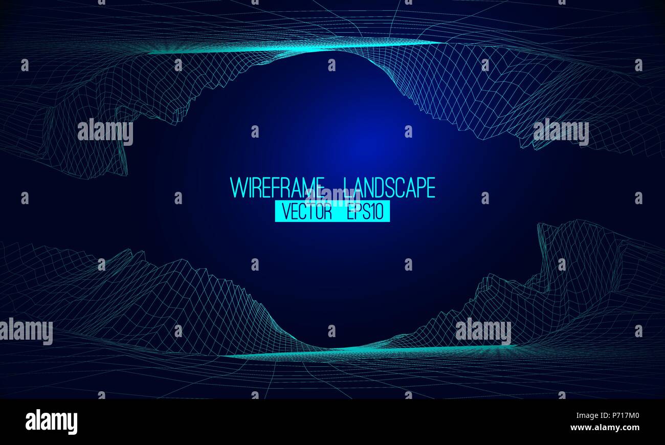 Abstract vector wireframe landscape background. Cyberspace grid. 3d futuristic vector illustration Stock Vector