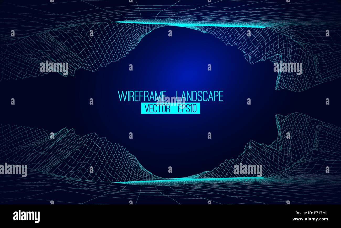 Abstract vector wireframe landscape background. Cyberspace grid. 3d futuristic vector illustration Stock Vector