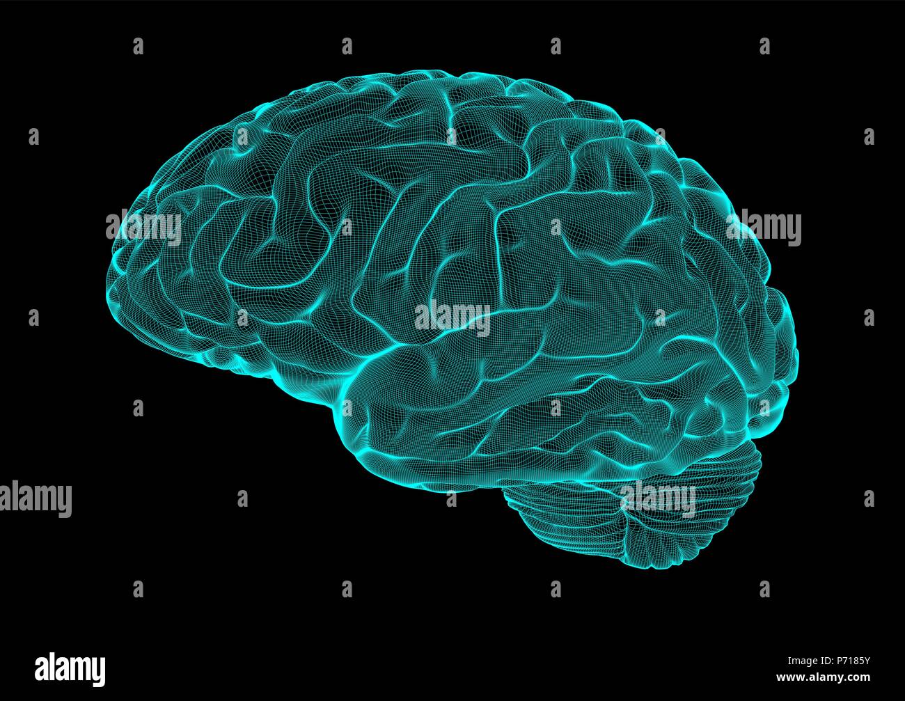 Blue wireframe brain glowing on dark space background Stock Vector