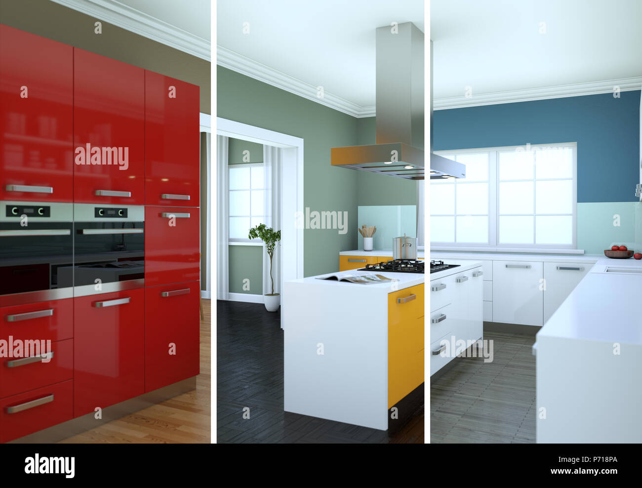 Splitted color variations of a modern kitchen with a beautiful design ...