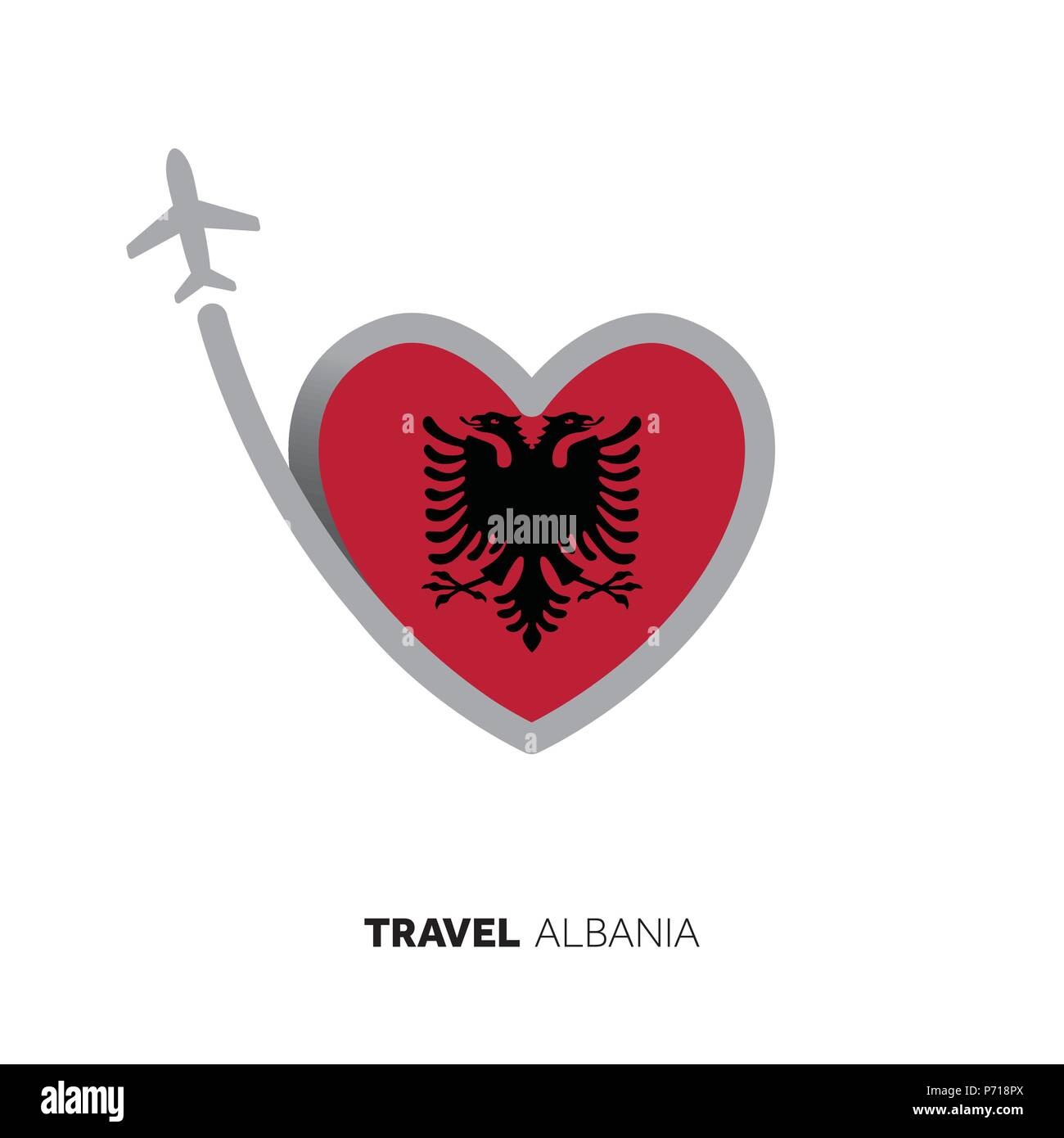 Albania travel concept. Heart shape flag with airplane Stock Vector