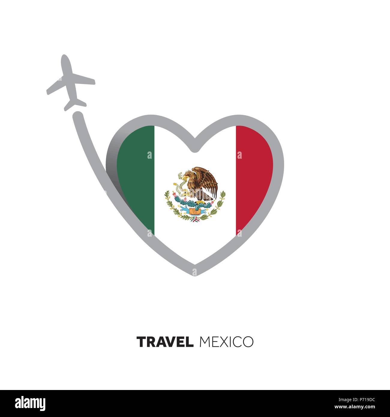 Mexico travel concept. Heart shape flag with airplane Stock Vector