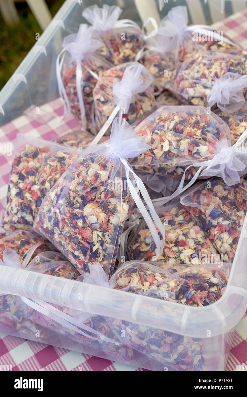 Delphinium and cornflower dried flower petals for sale at the Real Flower Petal Confetti company flower fields in Wick, Pershore, Worcestershire. UK Stock Photo