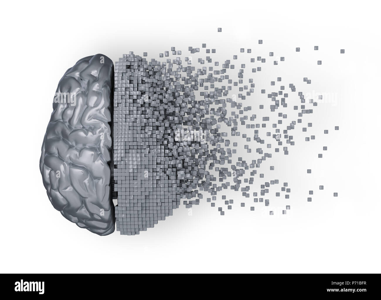 Desintegration Of Metal Digital Brain. 3D Illustration. Stock Photo