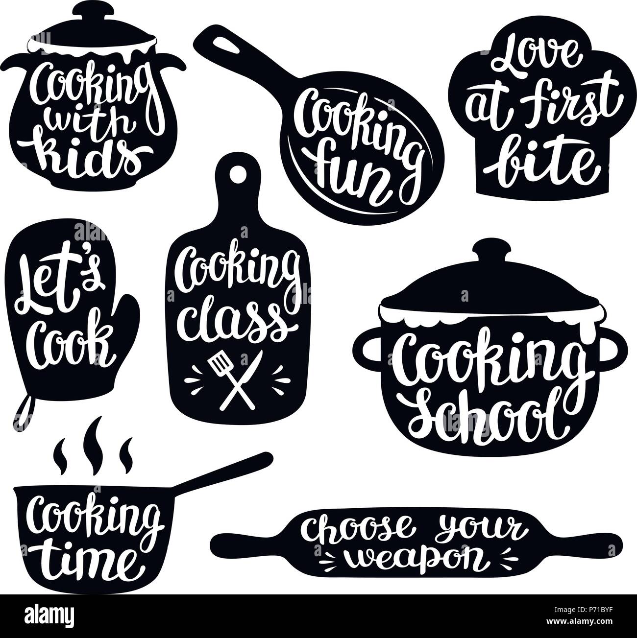 Collection of cooking label or logo. Hand written lettering