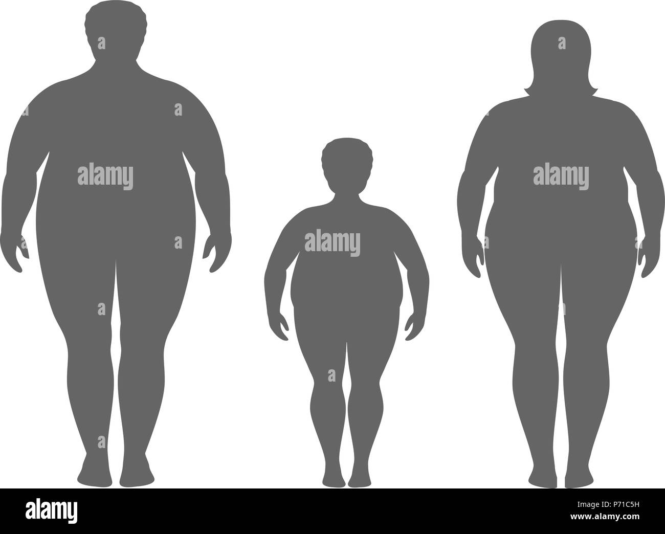 Silhouettes of fat man, woman and child. Obese family vector illustration. Unhealthy lifestyle concept. Stock Vector