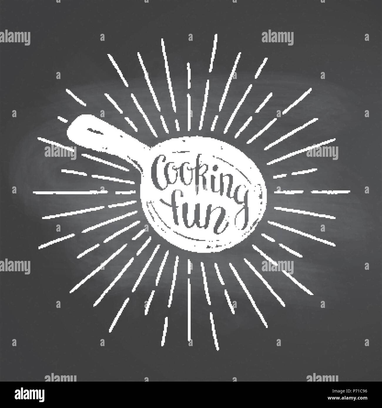 Chalk silhoutte of a pan with sun rays and lettering - Cooking fun - on blackboard. Good for cooking logotypes, bades, menu design or posters. Stock Vector