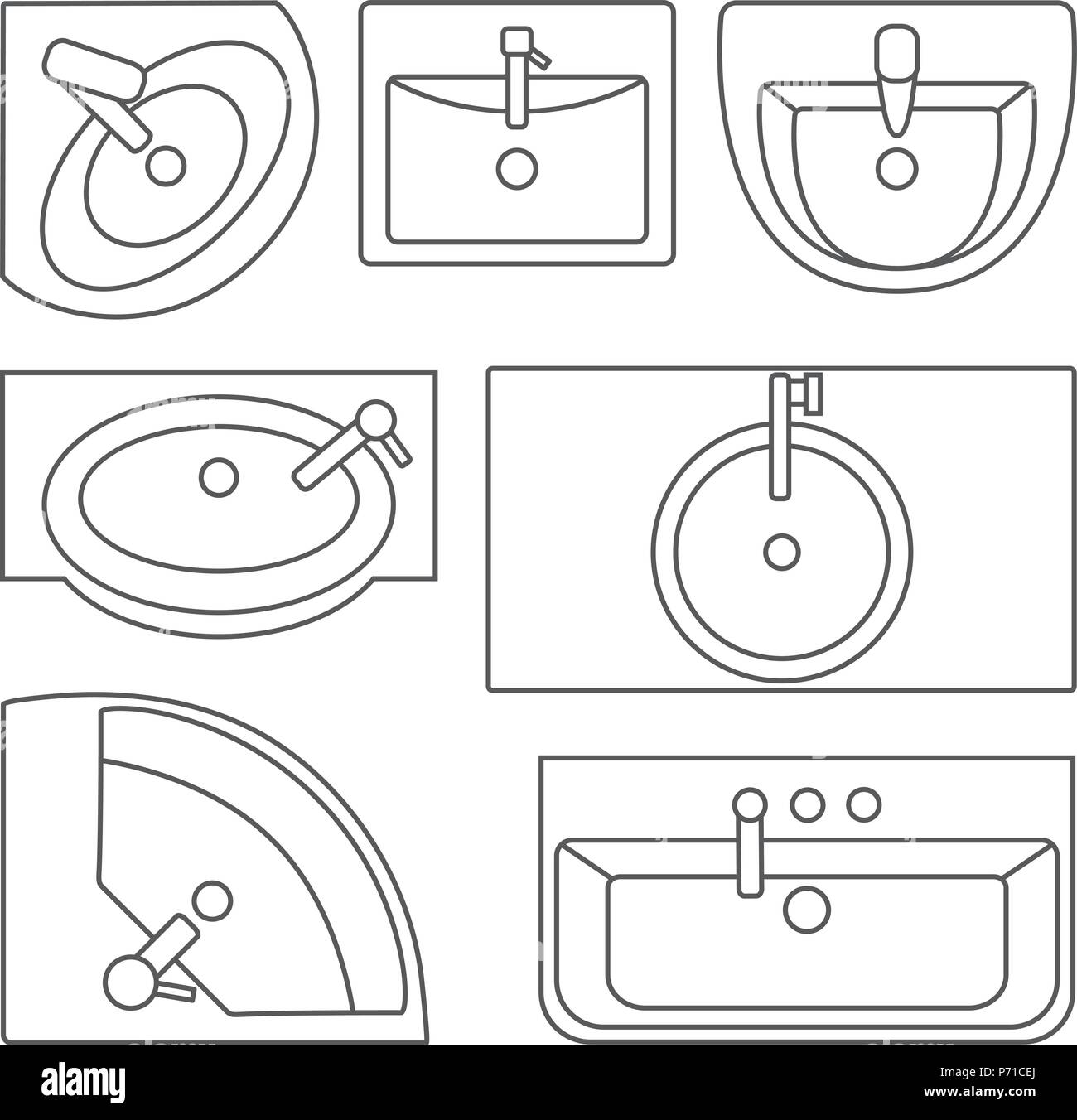 Sinks top view collection.Vector contour illustration. Set of different ...