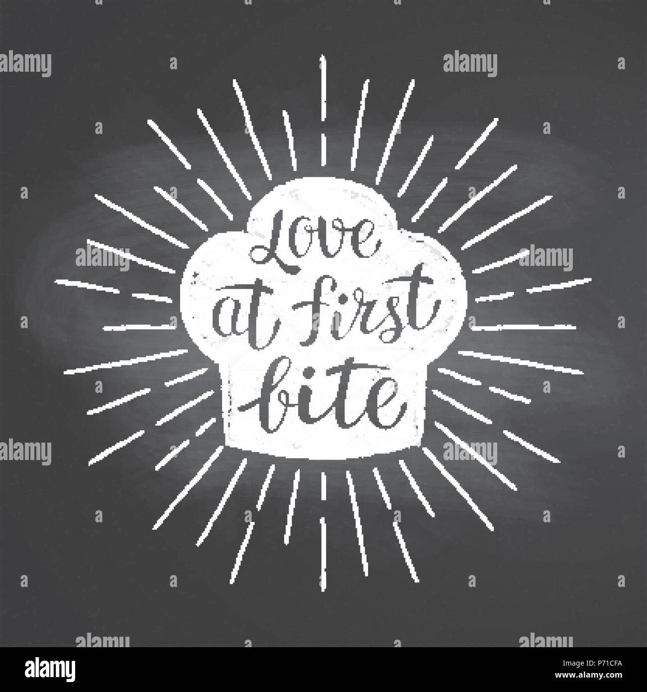 Chef's toque chalk silhoutte with  sun rays and lettering -Love at first bite - on blackboard. Good for cooking logotypes, bades or posters. Stock Vector