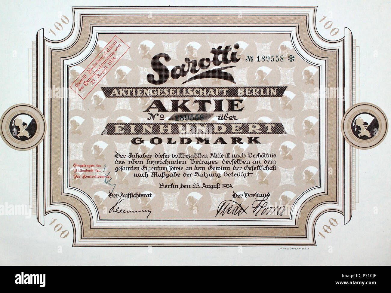 English: Share of the Sarotti AG, issued 23. August 1924 Deutsch: Aktie über 100 Goldmark der Sarotti AG vom 23. August 1924 . 23 August 1924 6 Sarotti AG 1924 Stock Photo