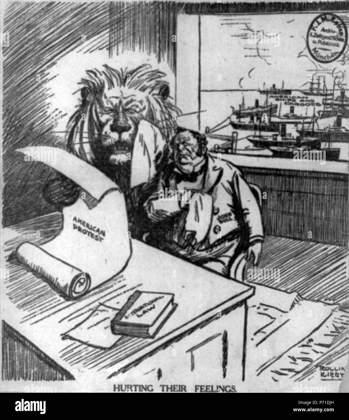 English: 'Hurting Their Feelings': Political cartoon showing British lion and John Bull looking at paper 'American protest' and crying. In the background American ships and cargoes are in harbor, during World War English: 'Hurting Their Feelings': Political cartoon showing British lion and John Bull looking at paper 'American protest' and crying. In the background American ships and cargoes are in harbor, during World War