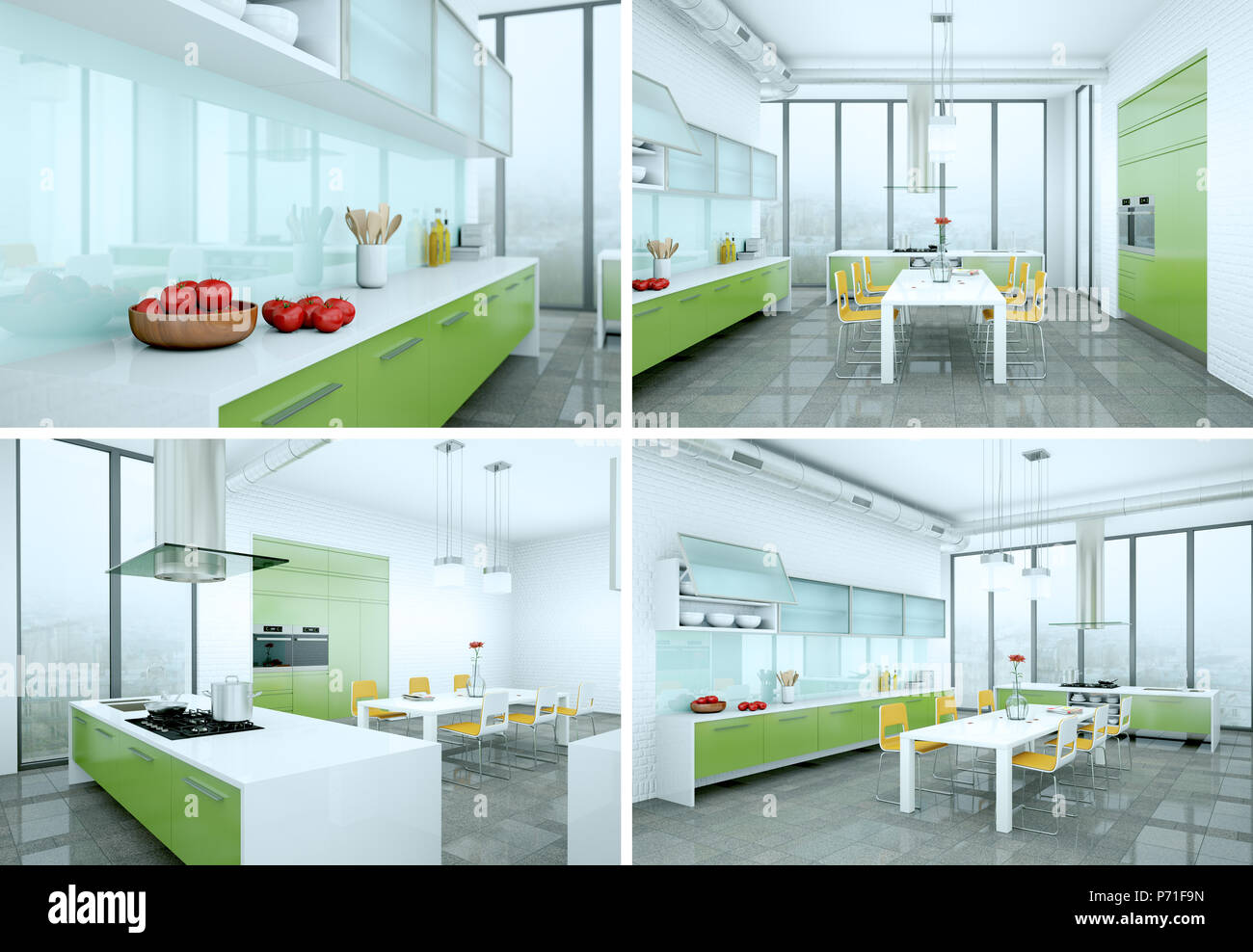 four views of modern kitchen with a beautiful design Stock Photo - Alamy