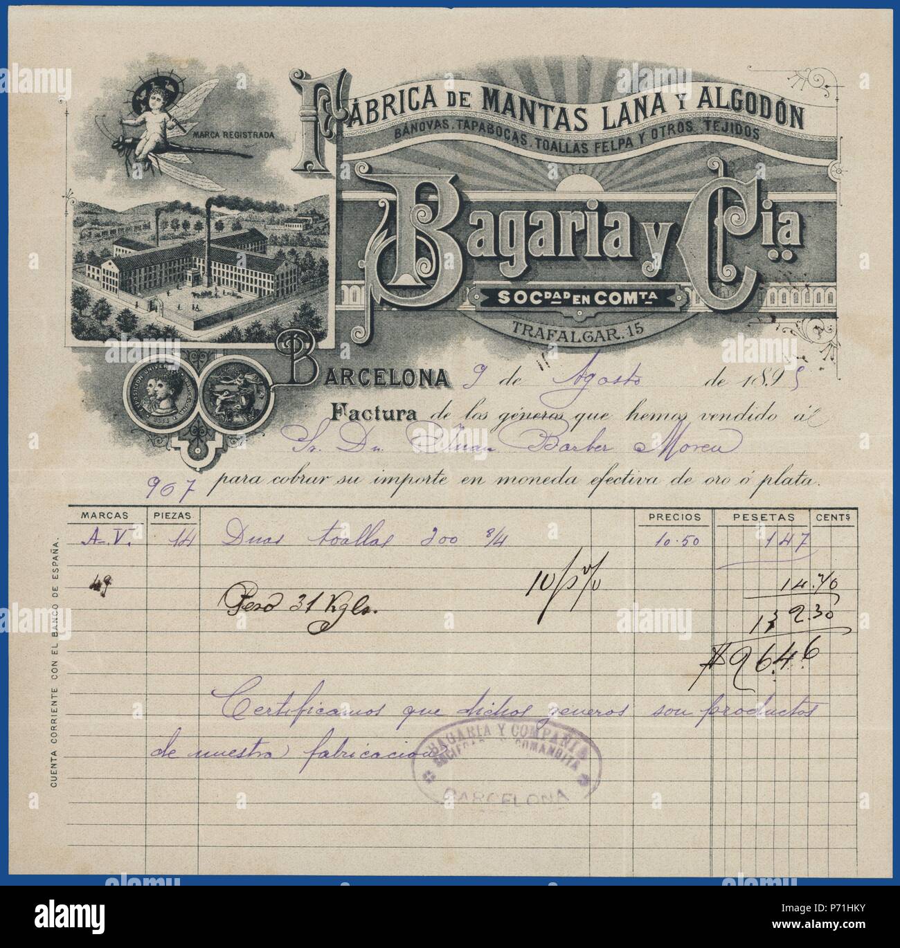 Factura comercial de la fábrica de mantas, lana y algodón de Bagaria y Cía., de Barcelona. Año 1895. Stock Photo