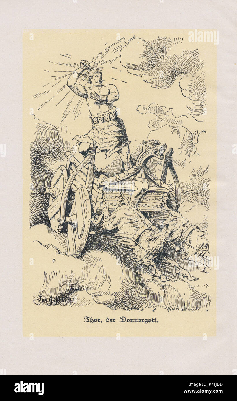 English: 'Thor, der Donnergott'. Frontispiece by Johannes Gehrts to Götter und Helden der alten Germanen : Der Edda nacherzählt by Frieda Amerlan (1841-1924, for the record). I accidentally saved the original scan as a JPEG, but I scanned at 800dpi so doubt anyone will yell at me too much. The yellow colour is most likely in imitation of German chiaroscuro woodcuts of the 16th and 17th centuries, albeit noone would mistake the woodblock engraving atop it for anything earlier than the 19th century. The book does not list a date in it, but the signature on the image is dated [18]90, Worldcat giv Stock Photo