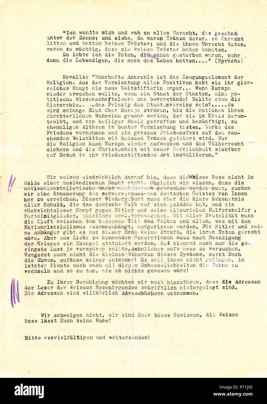 Deutsch: Rückseite des vierten Flugblattes der Weißen Rose. between 27 June  1942 and 12 July 1942 15 Flugblatt IV rs 801x0 0 12 Stock Photo - Alamy