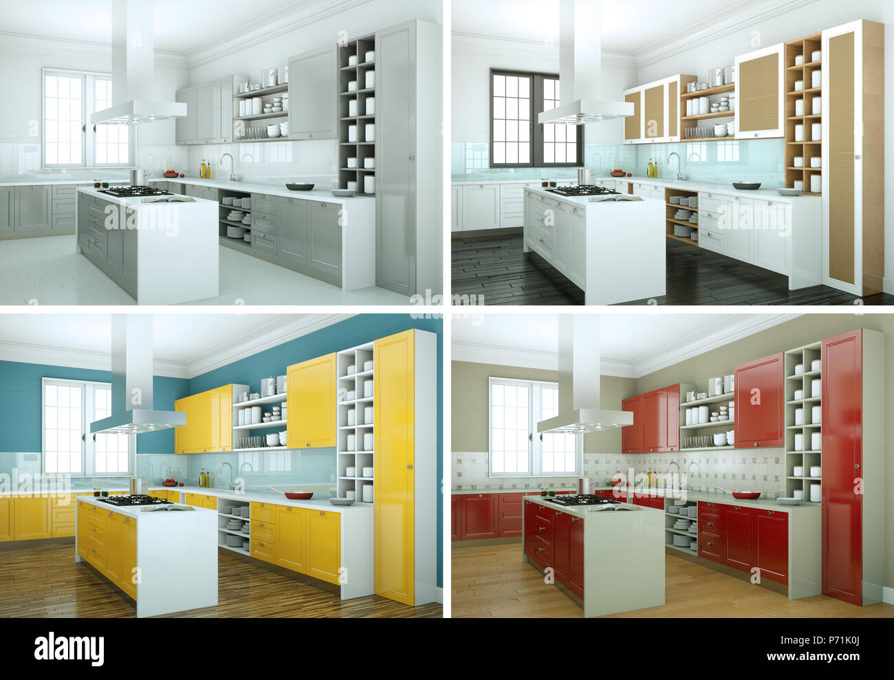 four color variations of modern kitchen with a beautiful design Stock ...