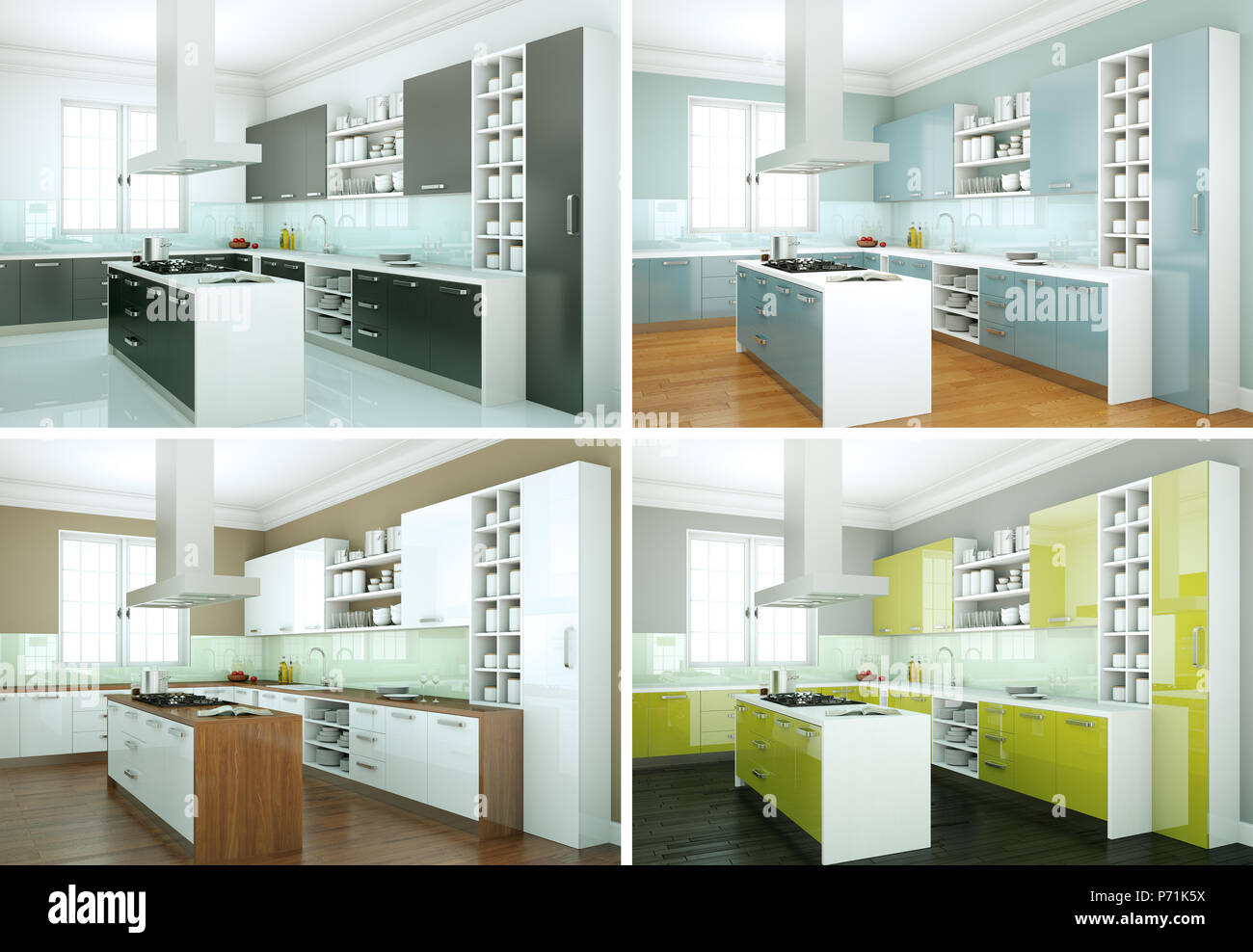 four color variations of modern kitchen with a beautiful design Stock ...