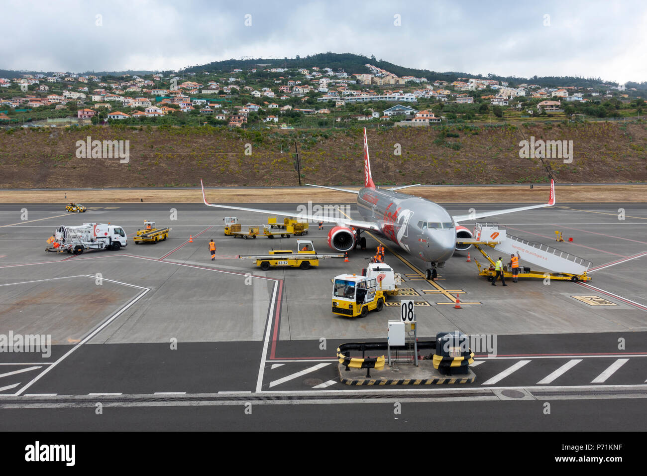 Plane being prepared for departure at Madeira Airport Stock Photo