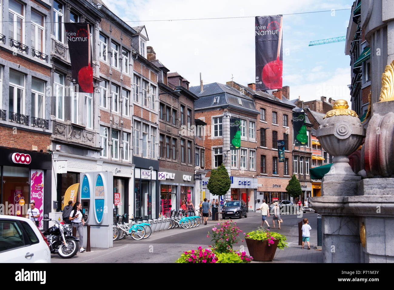 Namur, Belgium. 3 July, 2018. Traditional street in center of Namur, Belgium. Beginning of July in 2018 is extremely hot in Belgium. Stock Photo