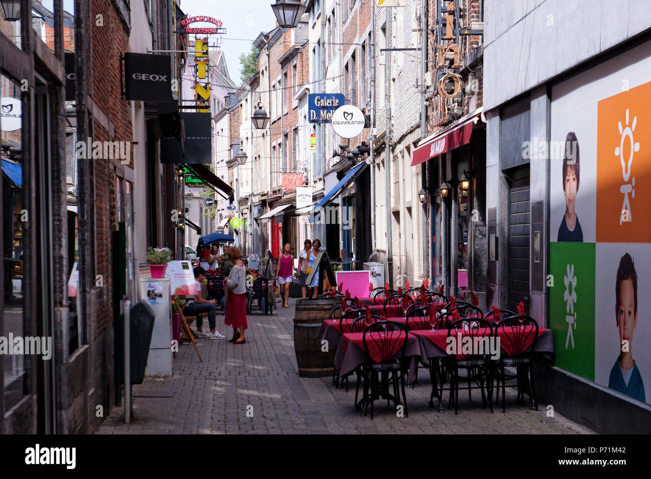 Namur, Belgium. 3 July, 2018. Touristic street with restaurants in center of Namur, Belgium. Beginning of July in 2018 is extremely hot in Belgium. Stock Photo