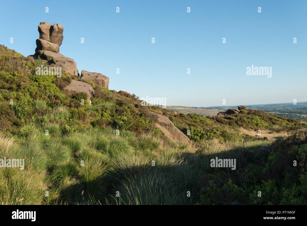 Summer evening view from the rock formation of Ramshaw Rocks near Leek in the English Peak District national park Stock Photo