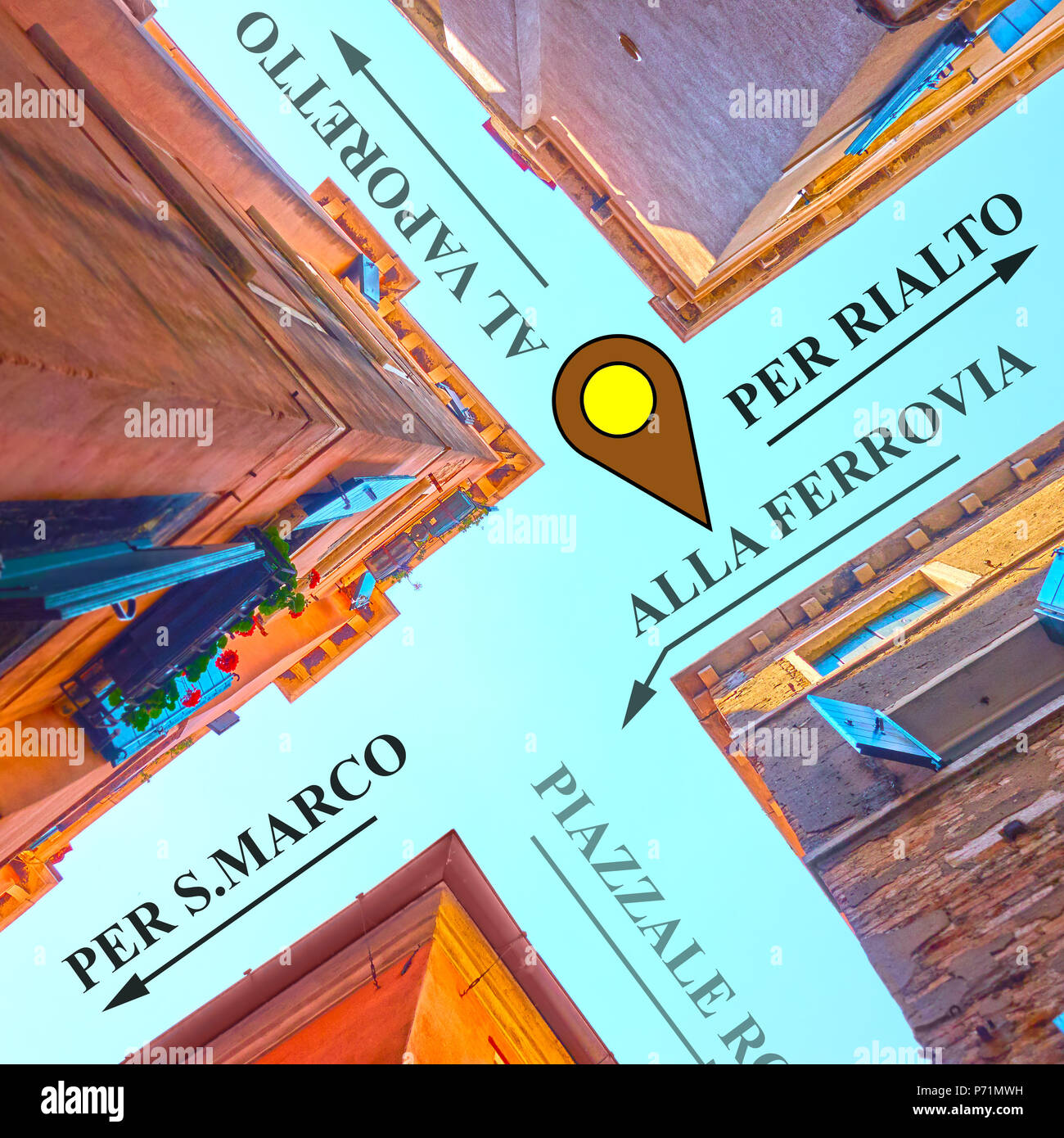 Venice map - street crossing upside down and traditional venetian arrows to touristic destination Stock Photo