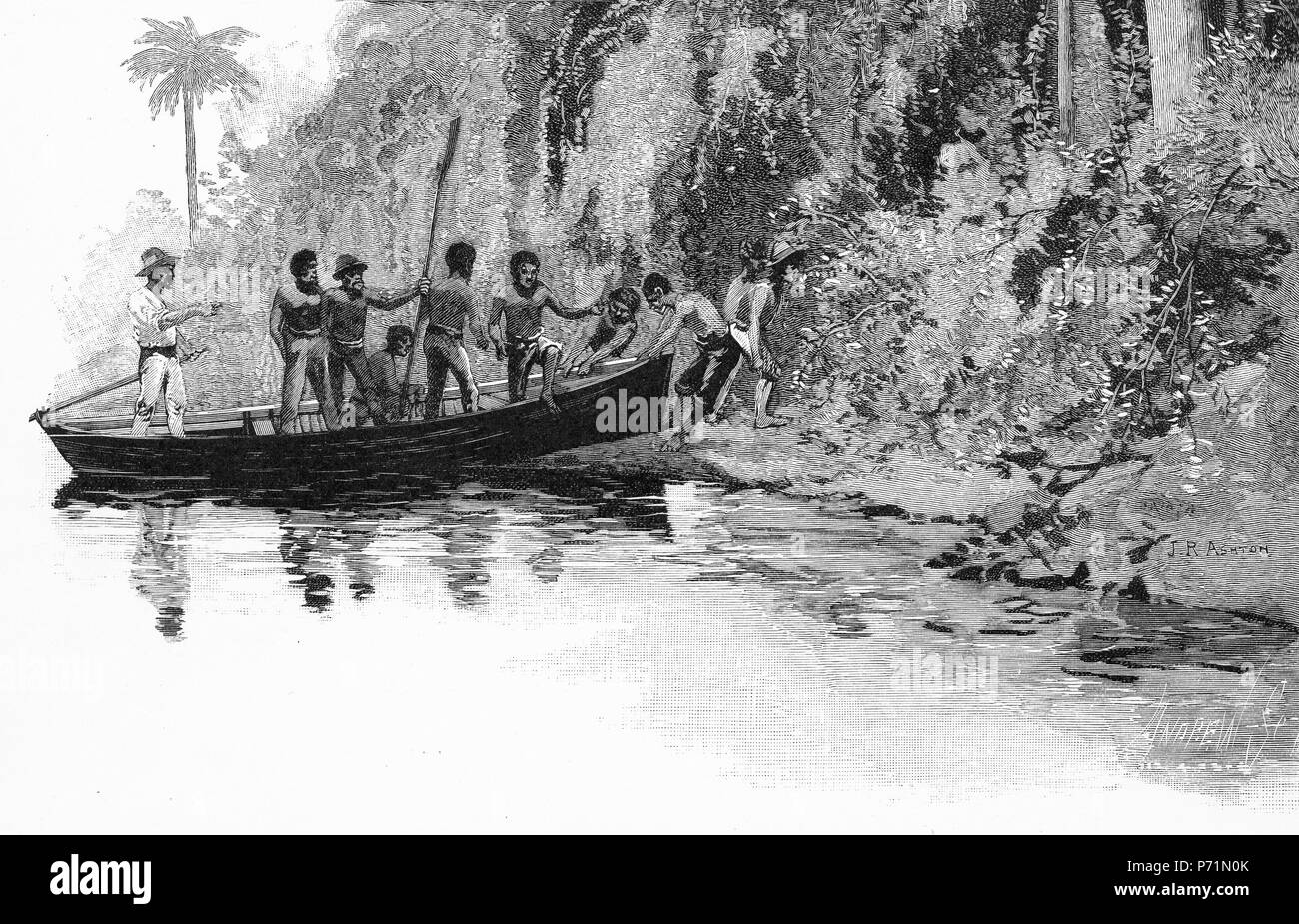 Engraving of a boat delivering a load of kanakas, slaves stolen from Pacific islands such as the New Hebrides, to work on sugar plantations in north Queensland, Australia. From the Picturesque Atlas of Australasia Vol 2, 1886 Stock Photo