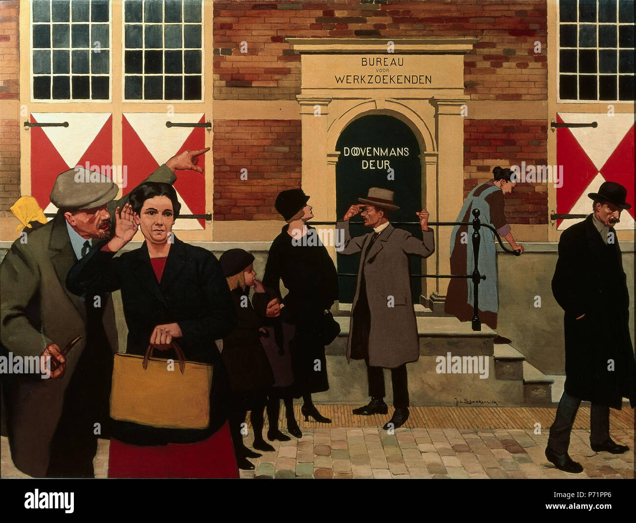 . Doovenmans deur . Unemployed people during the depressions years, waiting by the closed door of the job office. Passers-by seem to ignore their distress. 1939 6 Johan Braakensiek-Doovemansdeur Stock Photo