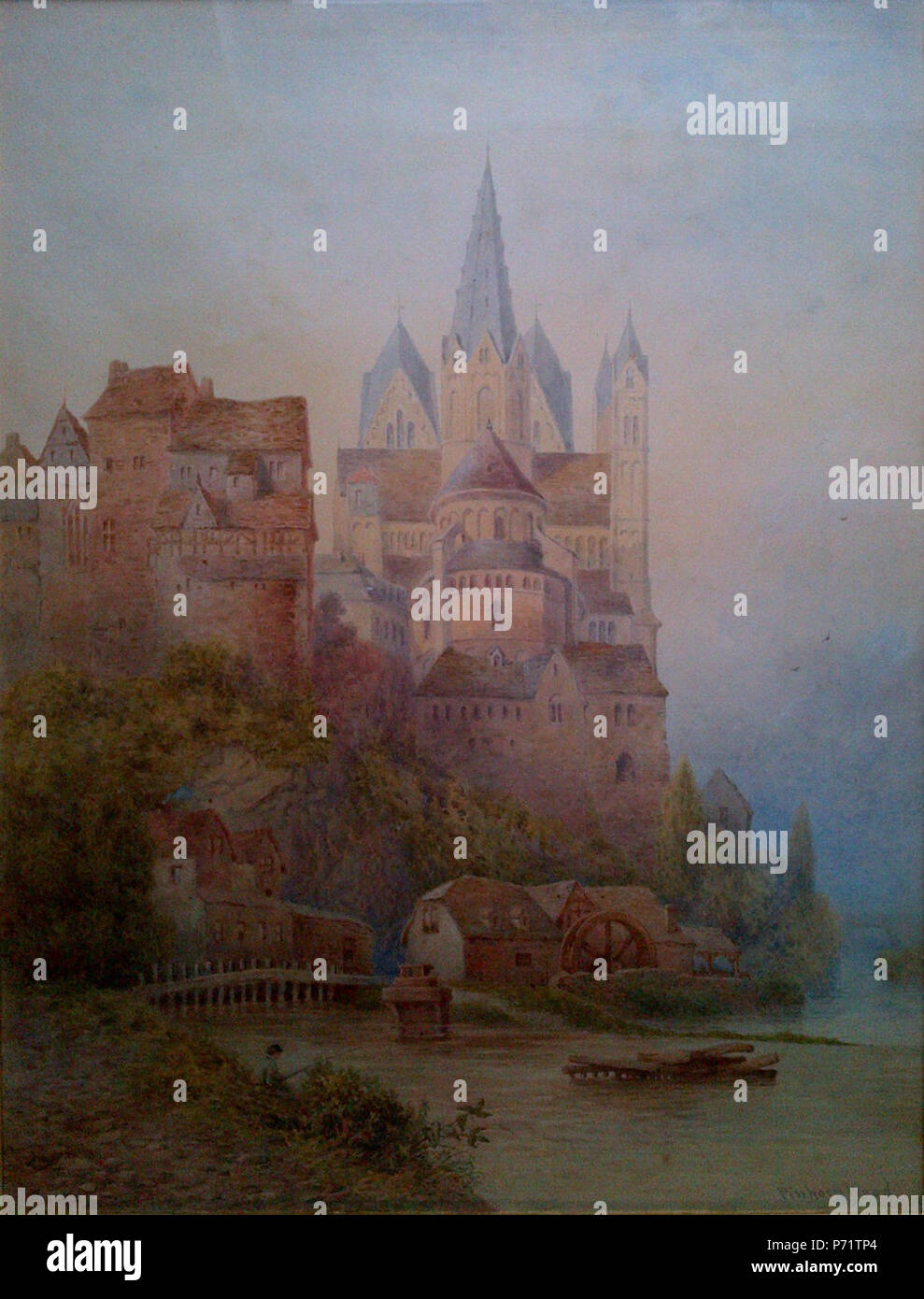 English: This watercolour painting portrays Limburg cathedral and Limburg schloss beside the Lahn River. It measures 26x19 inches. It is believed that Mr Wood painted it on a trip to the continent in 1892. His father, Lewis John Wood (1813-1901), built his painting career on scenes of Northern European city life, and is known to have painted in Limburg. Mr Wood painted this picture prior to his death in 1918 53 Limburg an der Lahn (undated) by Lewis Pinhorn Wood Stock Photo