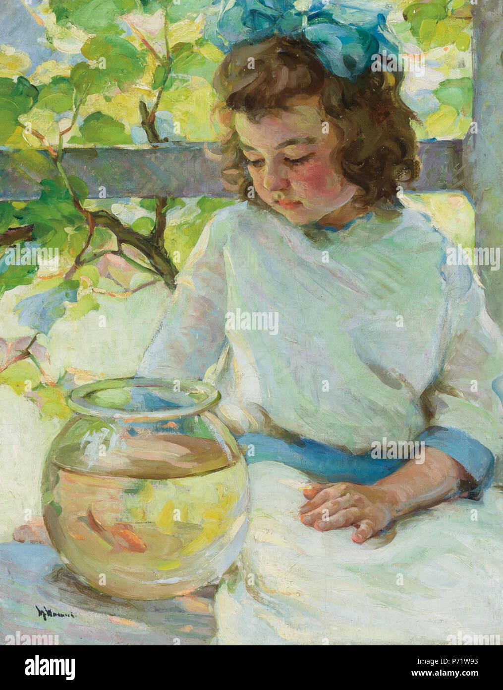 English: Young Girl with Fish Bowl by Mabel May Woodward, oil on canvas, 20 x 16 inches . N/A 54 'Young Girl with Fish Bowl' by Mabel May Woodward Stock Photo