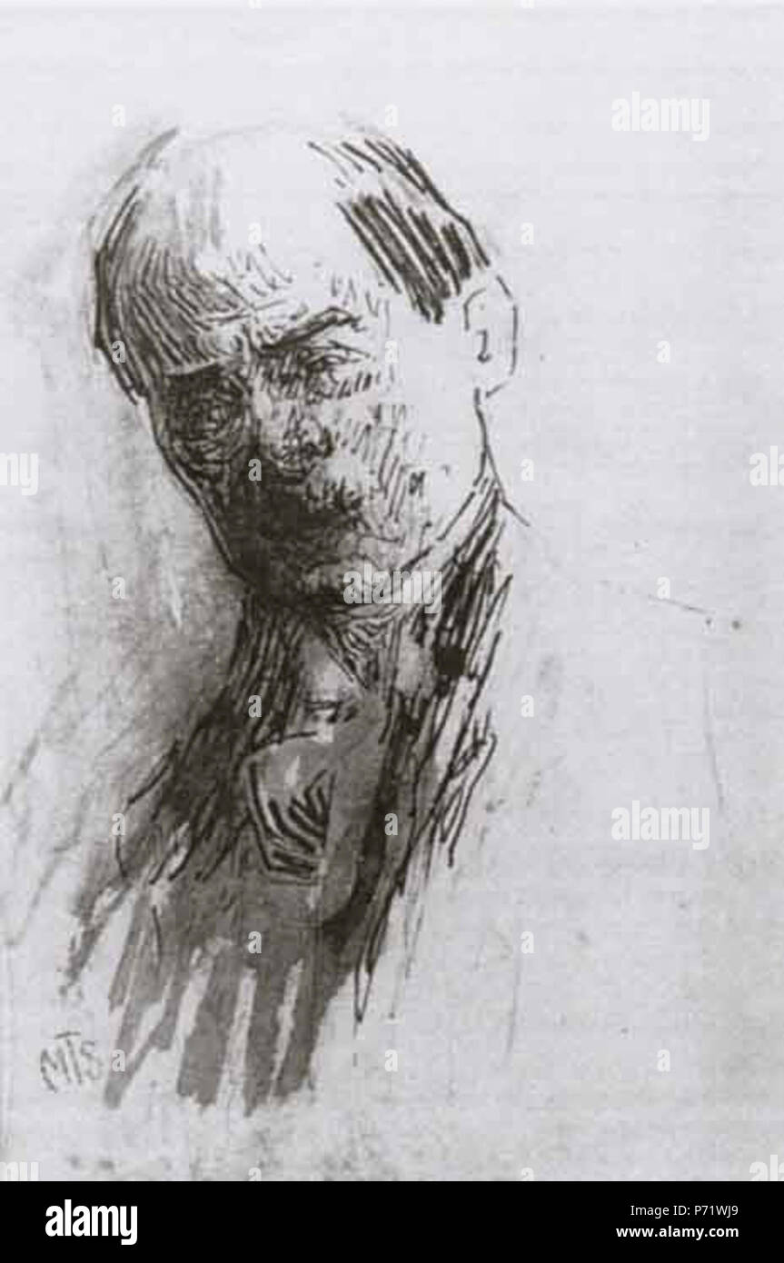 English: Self-portrait of Romanian sculptor Dimitrie Paciurea, ink wash on paper, 16 x 13 cm. . Unknown date (early 20th century) 34 Dimitrie Paciurea - Autoportret Stock Photo