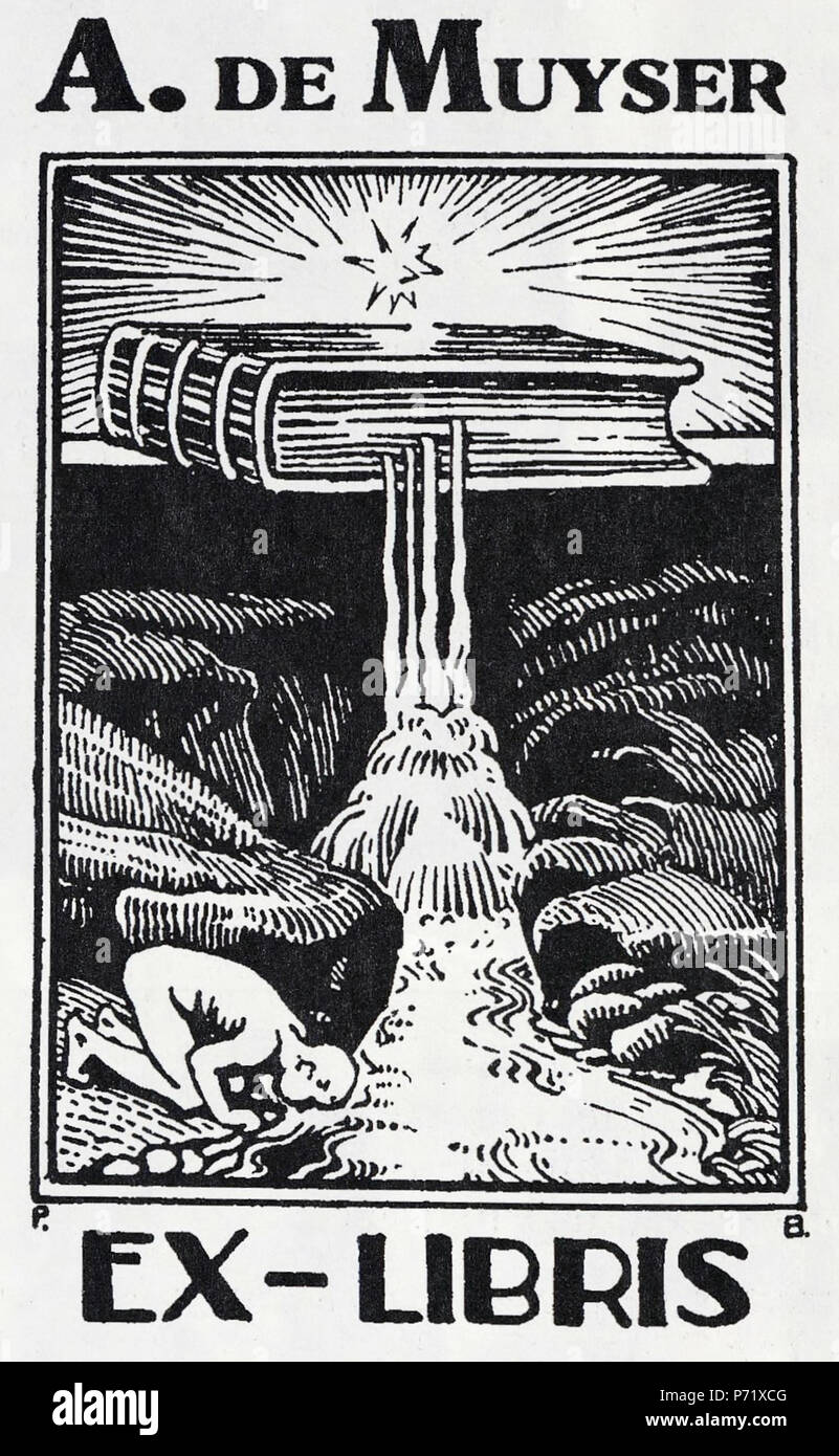 Français : Ex-libris par Pierre Blanc pour Alfred de Muyser, l’ingénieur et collectionneur. Blanc a exécuté un dessin tout à fait séduisant par son sens profond: Un livre figurant la source du savoir à laquelle un jeune homme assoiffé vient se désaltérer. Il existe une édition réduite de ce dessin qui avait été imprimée en plusieurs couleurs. (ouvrage numérisé). 39 Pierre Blanc, ex-libris A. de Muyser Stock Photo