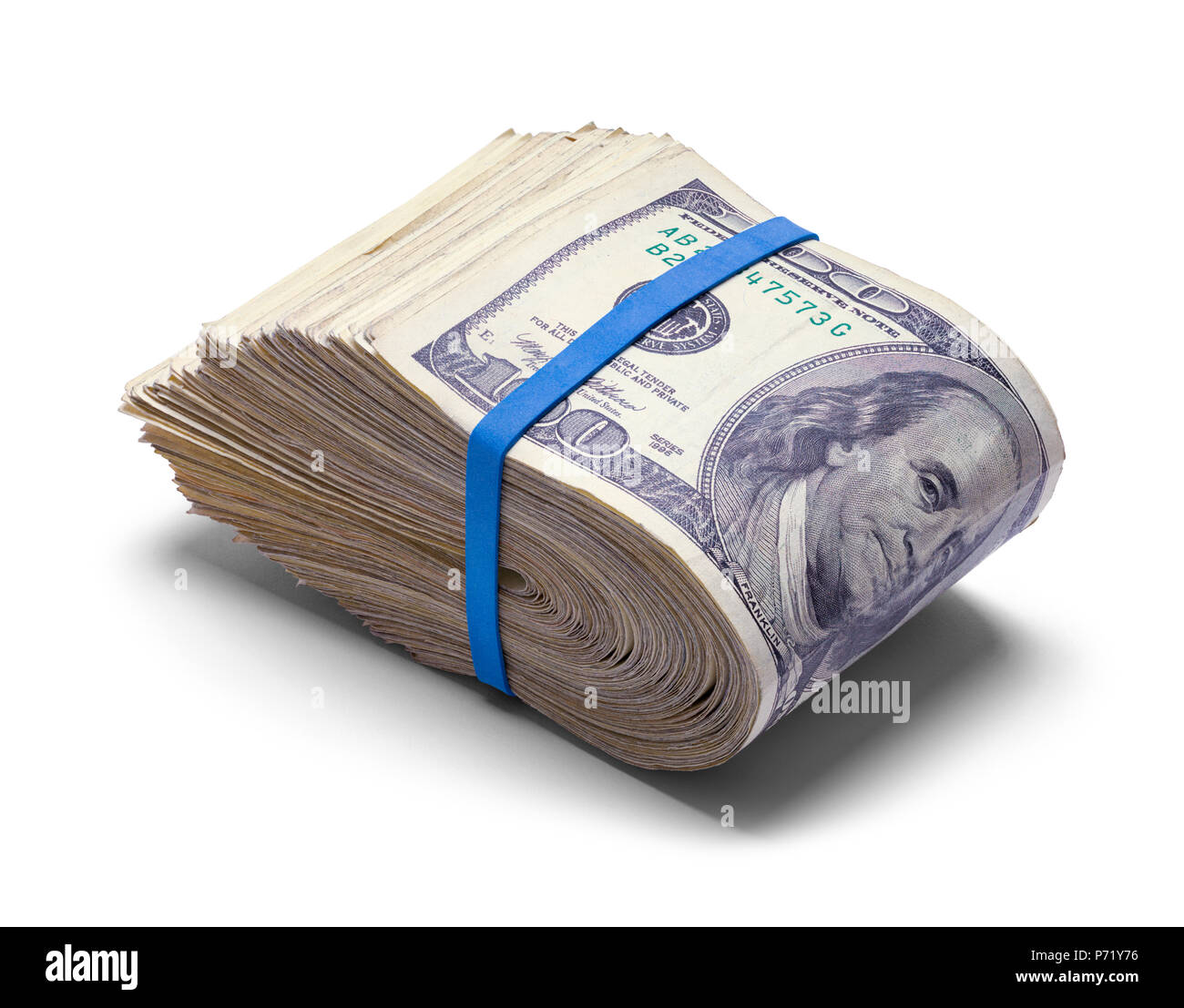 Fat Stack of Cash Folded in Half with Rubber Band Isolated on White. Stock Photo
