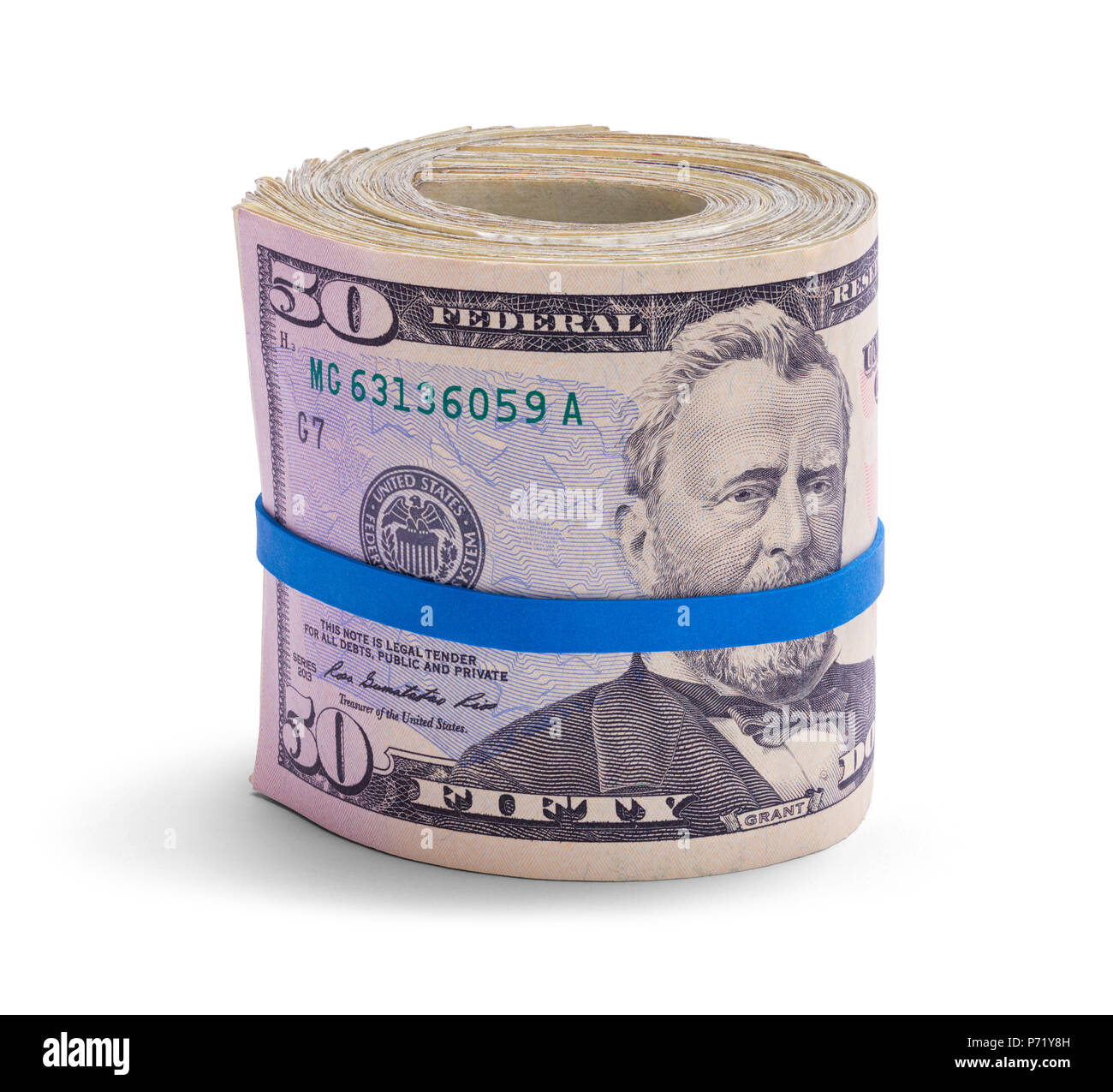 Fifty Dollar Roll of Cash Isolated on a White Background. Stock Photo