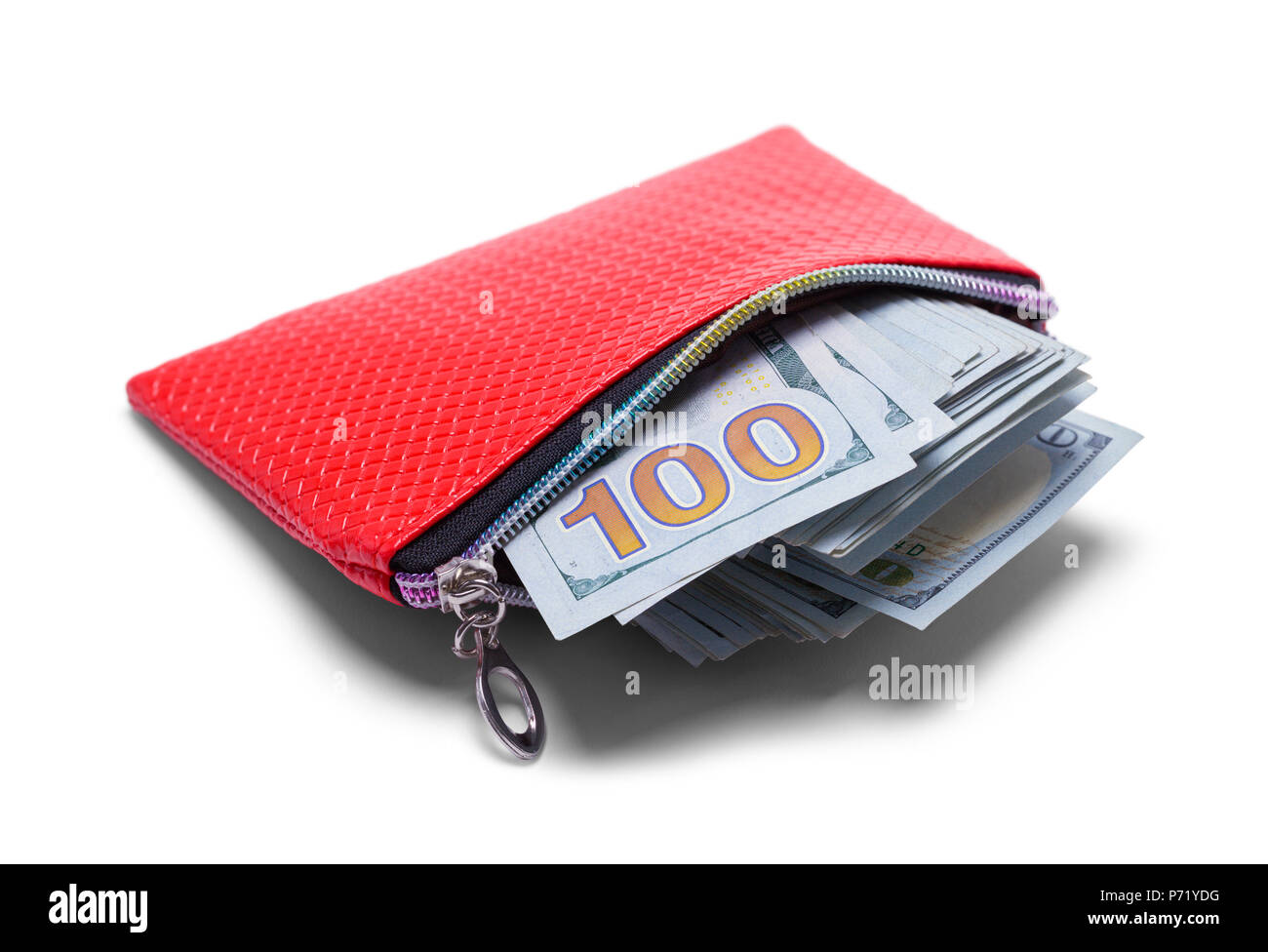 Red Wallet Full of Cash Isolated on a White Background. Stock Photo