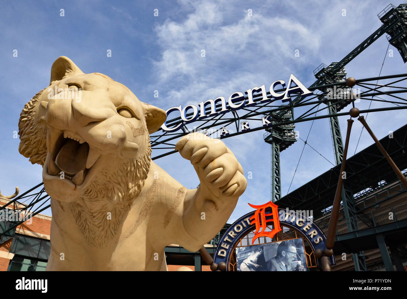DETROIT, MI / USA - OCTOBER 21, 2017: The tiger at the main entrance of Comerica Park, home of the Detroit Tigers, greets visitors. Stock Photo
