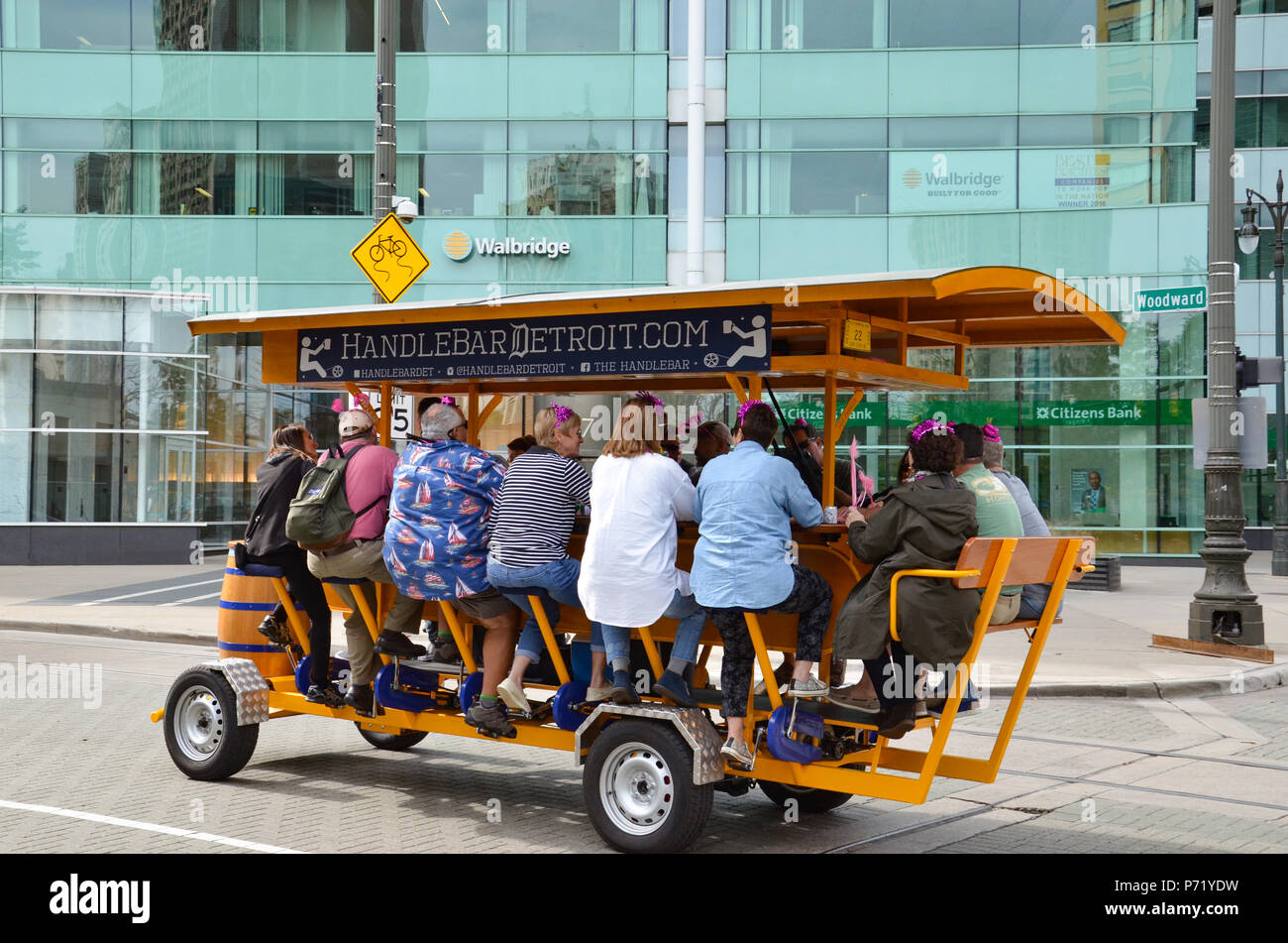 DETROIT, MI / USA - OCTOBER 21, 2017:  Visitors take a ride on the Handle Bar in downtown Detroit. Stock Photo
