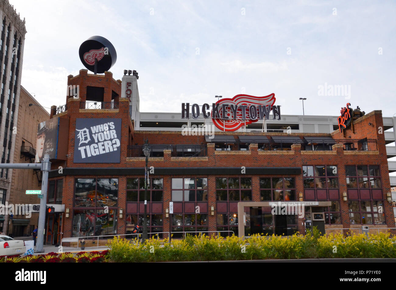 DETROIT, MI / USA - OCTOBER 21, 2017:  Detroit’s Hockeytown Cafe, across from Comerica Park in Detroit, was founded by Red Wings owner Mike Ilitch Stock Photo