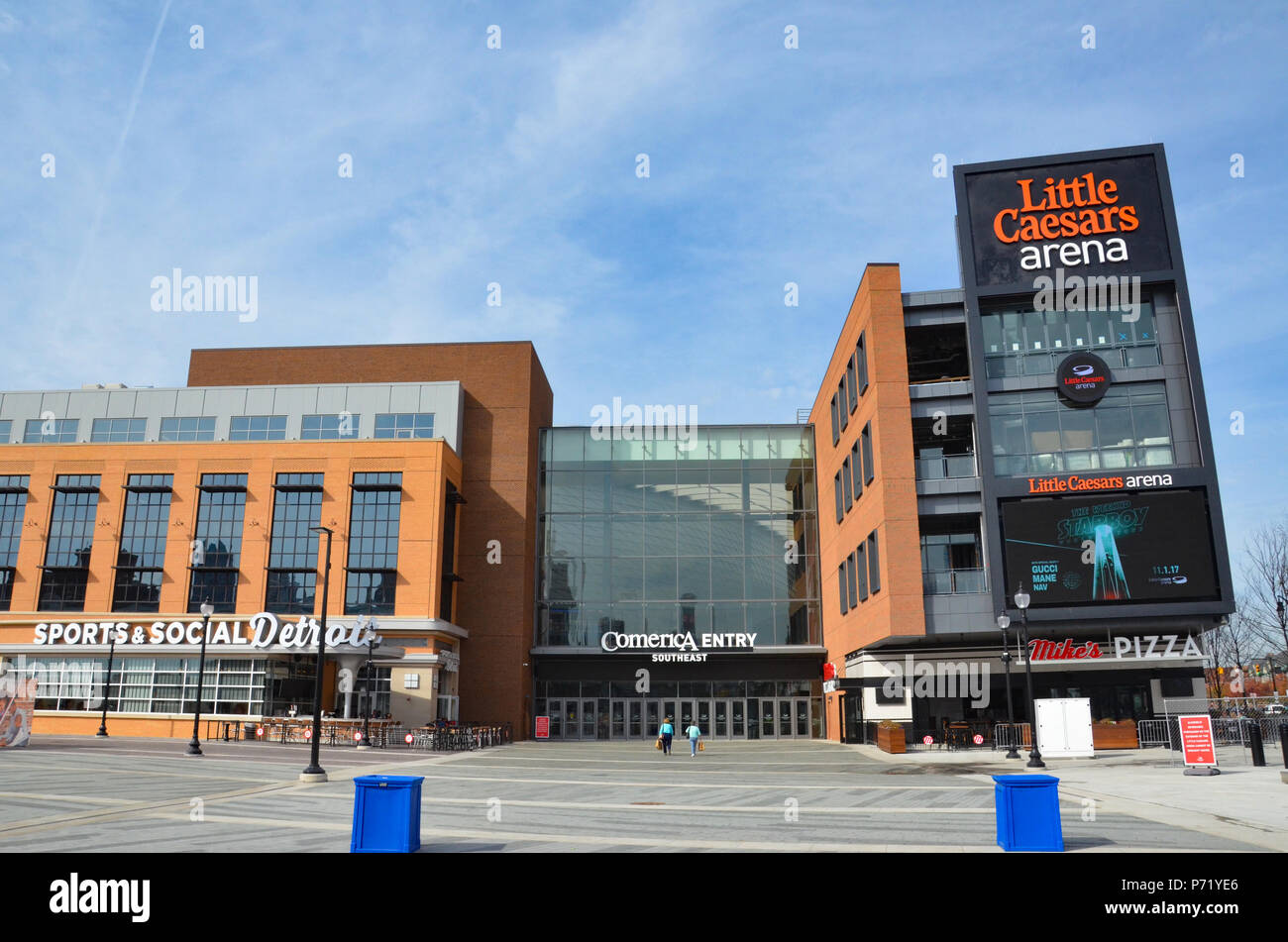 DETROIT, MI / USA - OCTOBER 21, 2017:  Detroitâ€™s Little Caesars Arena, shown here, is the home of the Detroit Red Wings and Detroit Pistons. Stock Photo