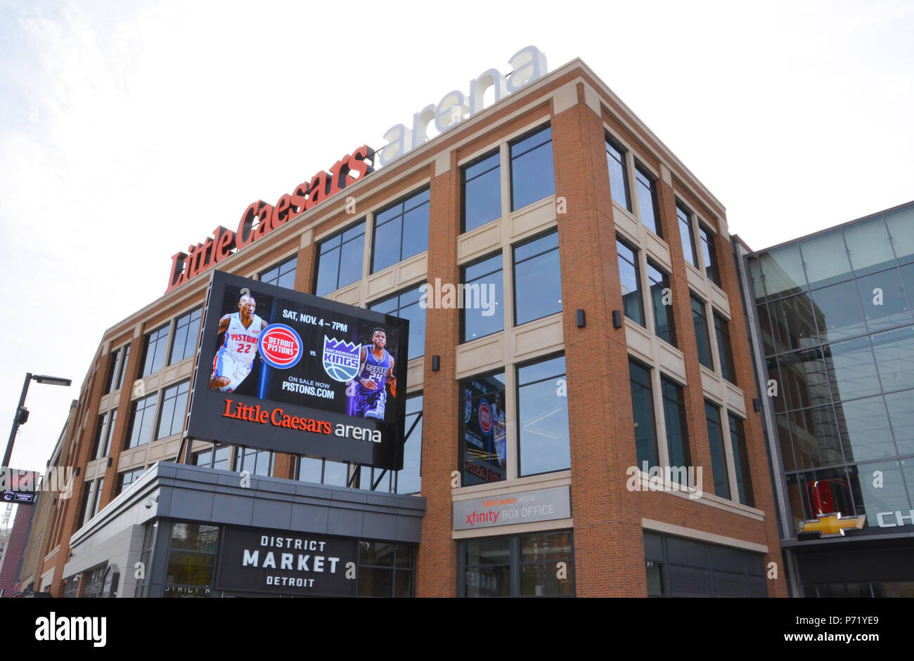 DETROIT, MI / USA - OCTOBER 21, 2017:  Detroitâ€™s Little Caesars Arena, shown here, is the home of the Detroit Red Wings and Detroit Pistons. Stock Photo