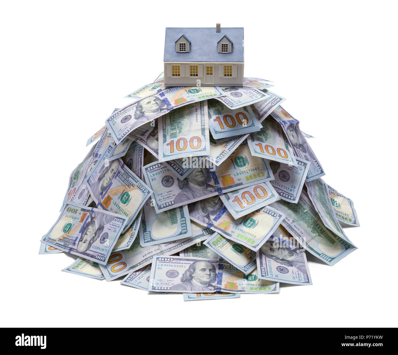 Pile of Hundred Dollar Bills with House on Top Isolated on White. Stock Photo