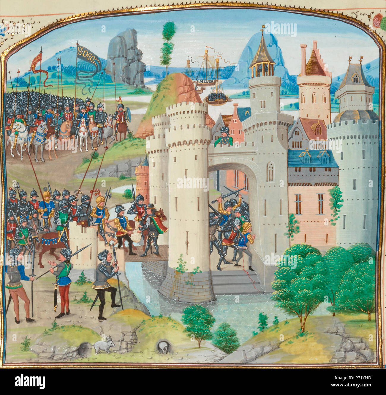 English: Depiction of the Battle of Calais, 2 January, 1350 in Froissart's chronicles . 1410 3 The French attempt to recapture Calais from England (1350) Stock Photo