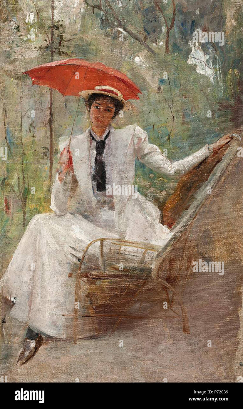 English: Lady with a Parasol by Tom Roberts, c. 1889, oil on canvas, 42.5 x 27.0 cm . circa 1889 203 Lady with a Parasol by Tom Roberts, c. 1889 Stock Photo