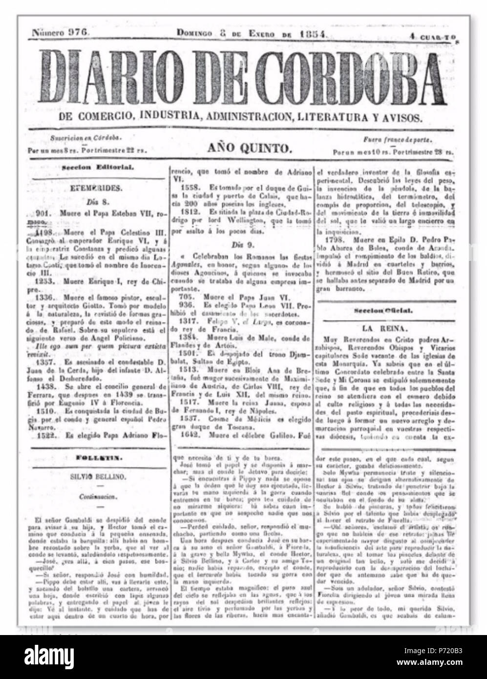 26 Diario de Córdoba, 8 de enero de 1854 Stock Photo