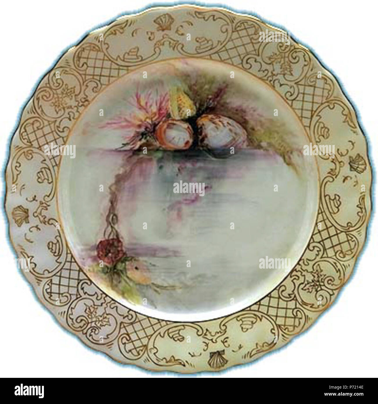 English: Cytherea gibbia, Halymenia ligulata. A hand-painted plate from the Cabot Commemorative State Dinner Service. 1897 10 Cytherea gibbia, Halymenia ligulata 1897 - Painted by L.O. Adams 1865-1945 Stock Photo