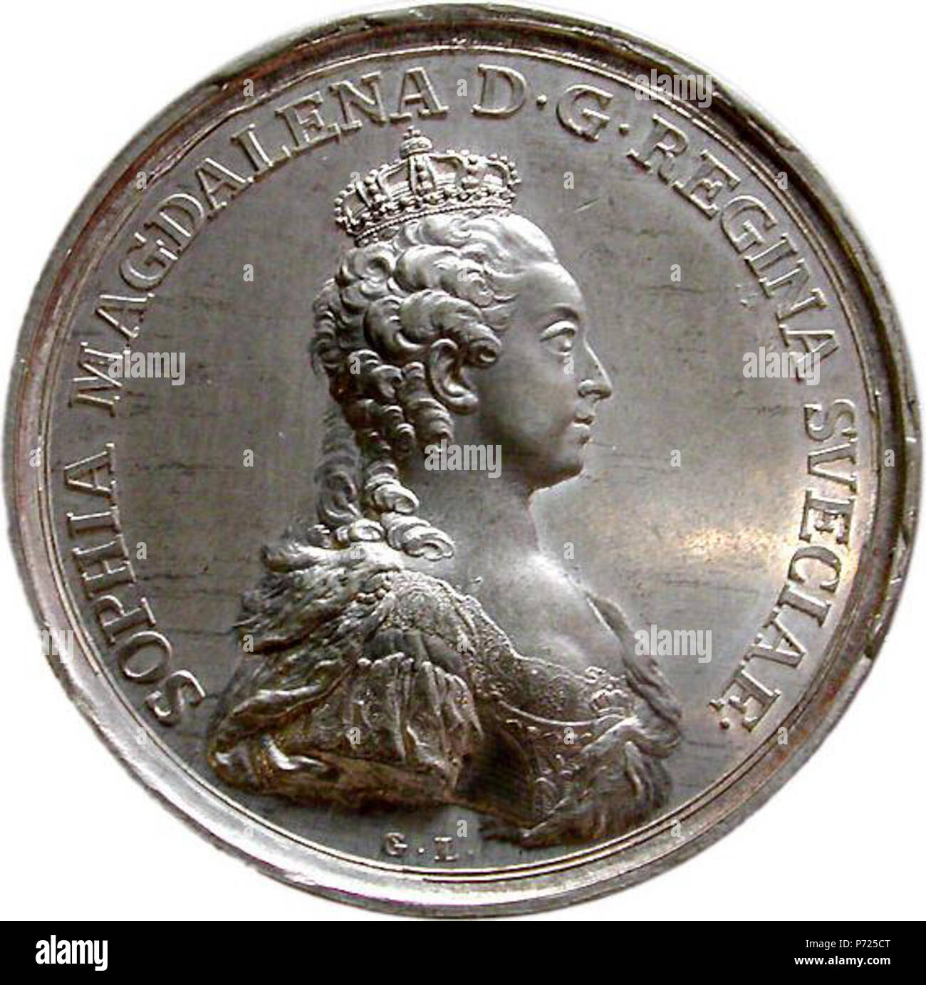 English: Commemorative coin of Queen Sophia Magdalene of Sweden wearing the crown of the Queen . coin 1780s; photo about 1996 3 Sophia Magdalene of Sweden coin c 1785 Stock Photo