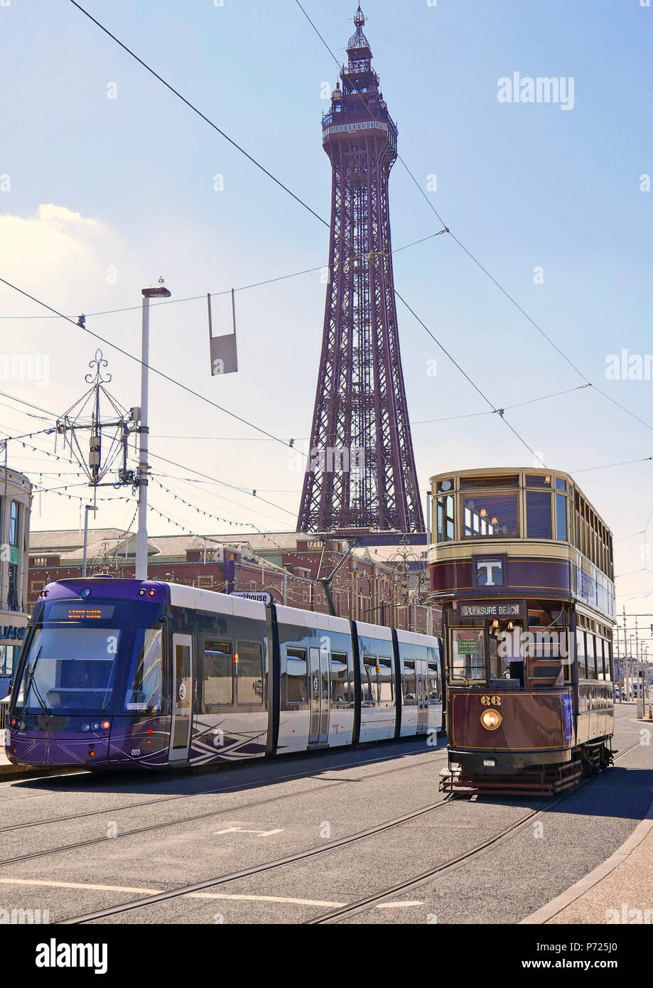 The old and the new. A contemporary Bombardier tram sits next to the  Blackpool Heritage tram tours 1901 Bolton Corporation tram 66 in front of tower Stock Photo