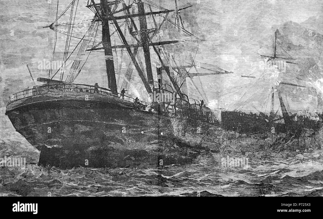 English: City of Brussels collision with Kirby Hall in 1883. Inward bound, from New York for Liverpool with 66 passengers and 101 crew on board, she waited off the Mersey at the North West Light Vessel because of heavy fog. She was struck by the Hall Line's new SS Kirby Hall (1882), arriving at slow speed from trials on the Clyde. The City of Brussels sank in 30 minutes with the loss of two passengers and eight crew. The remainder were taken aboard from the boats by the Kirby Hall. The master of the City of Brussels was exonerated; the Kirby HallL was held responsible through not stopping engi Stock Photo